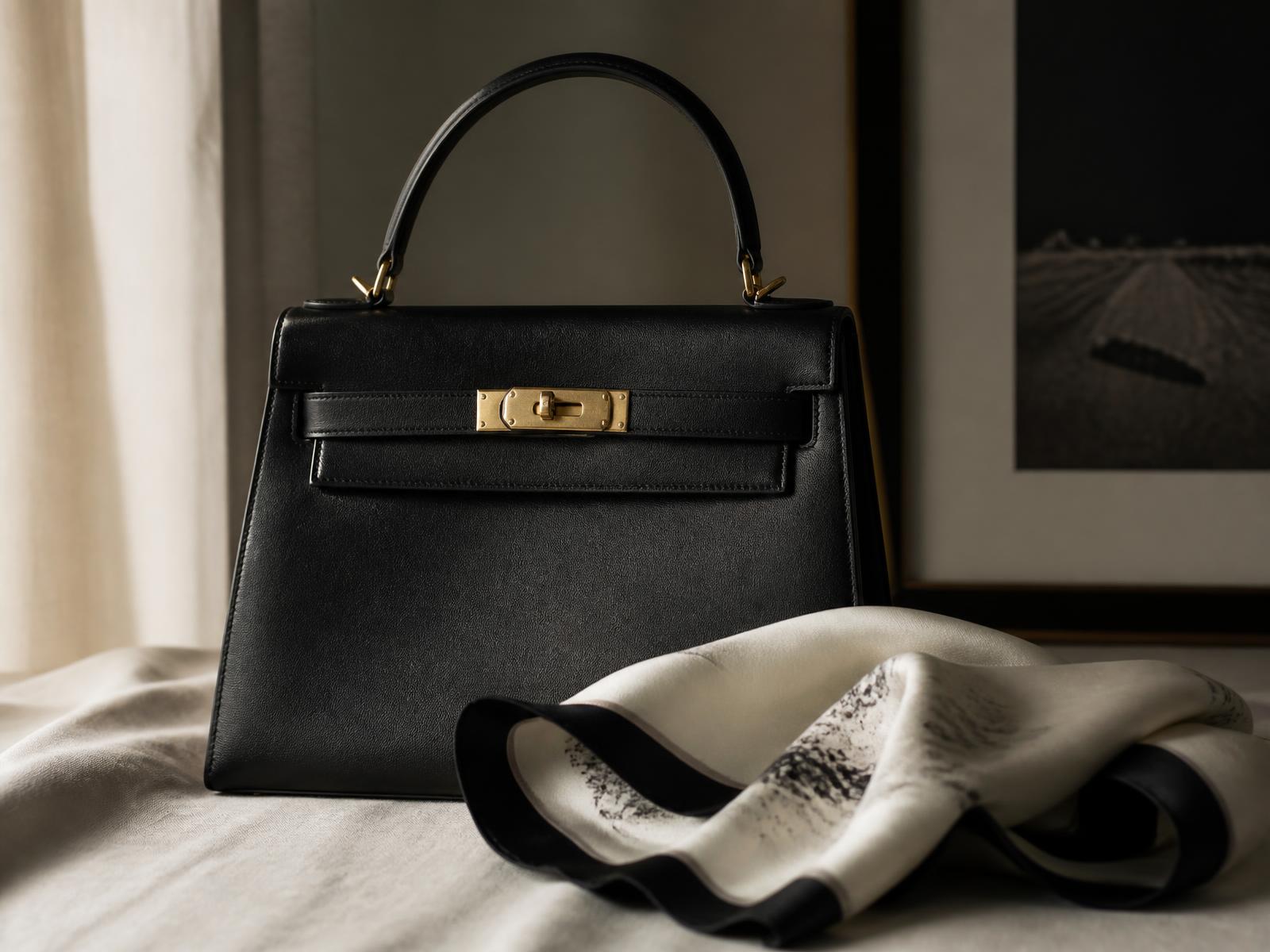 A black leather handbag and silk scarf arranged on ivory linen in soft daylight